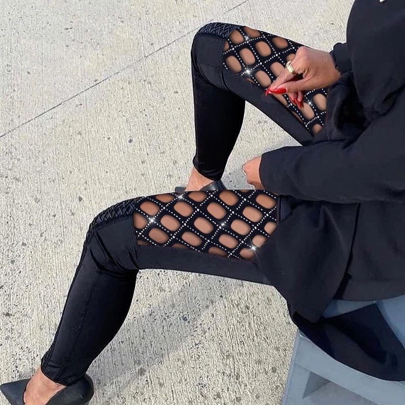 Cyflymder  Black Tights Hollow Out Lace Patchwork Sexy Rhinestones Elastic High Waist Slim Fashion Shiny Nightclub Street Casual Pants