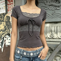 Cyflymder  Temperament Spliced Lace U Neck Fake Two Piece Y2k Euramerican High Street All Match Front Bow Design Slim Clothes Harajuku Tops