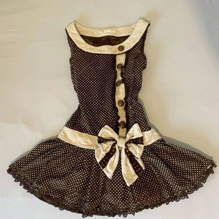 Cyflymder  New Y2K French Retro Polka Dot Print Summer Slim Dress Sweet Bow Appliques Sleeveless Dress Harajuku Buttons Design Punk Clothes