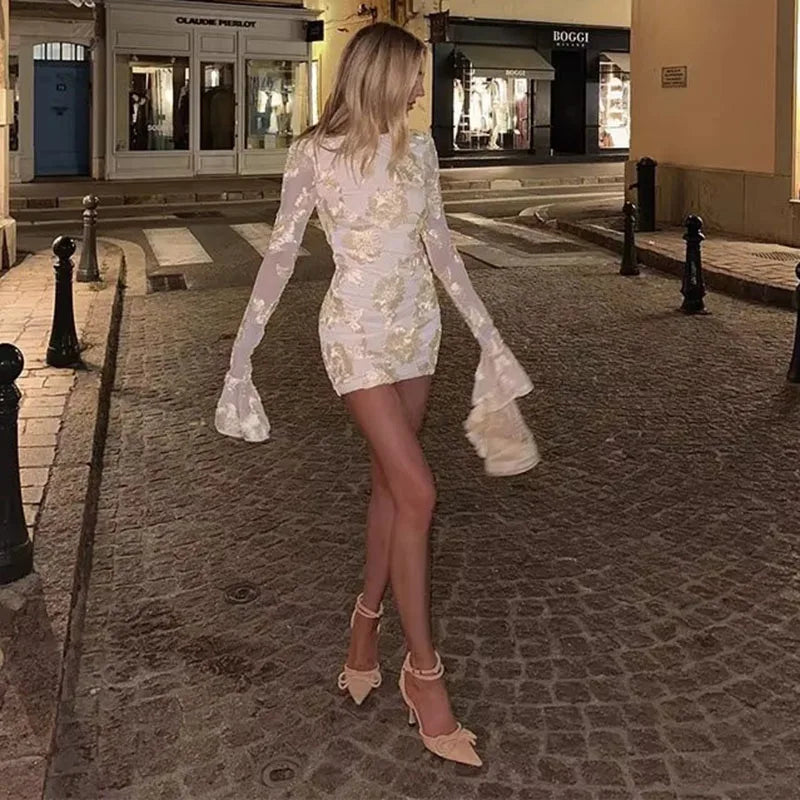 Cyflymder  Sexy Backless Floral Mesh Mini Dress Women Elegant Flared Sleeve Bodycon Party Dresses Fashion Slim Fit Embroidered Short Dress