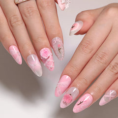 Cyflymder  24pcs French Cute Fake Nail Sweet Pink 3D Flowers Bowknot Design Almond False Nail Patch Korean Style Press on Nails for Girls