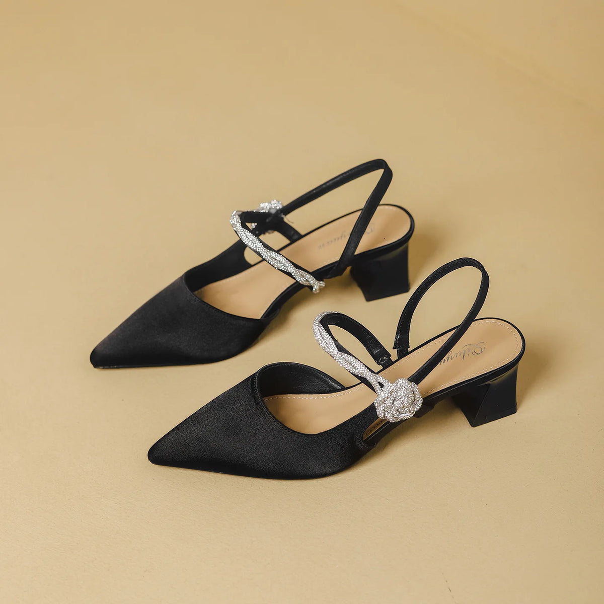 Cyflymder  Sandals Luxury Ladies Elegant Satin Rhinestone Thick Heel High Heels Single Shoes Summer New Pointed Back Empty Bag Head Sandals