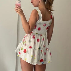 Cyflymder  Women's Y2K Summer Mini Cami Dress Sleeveless Vacation Low Cut Button Up Flower Print Beach Dress