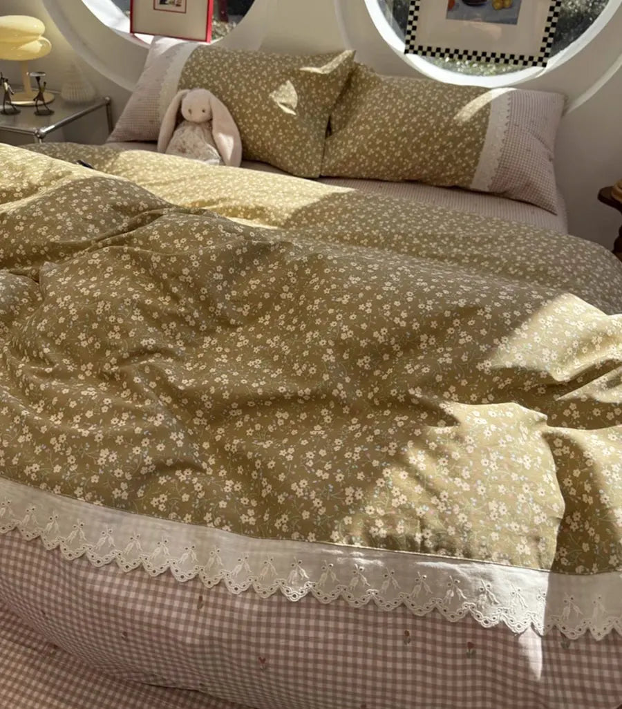 Cyflymder  Romantic fairyfair lace flower bedding set,full queen american country floral cotton home textile sheet pillow case quilt cover