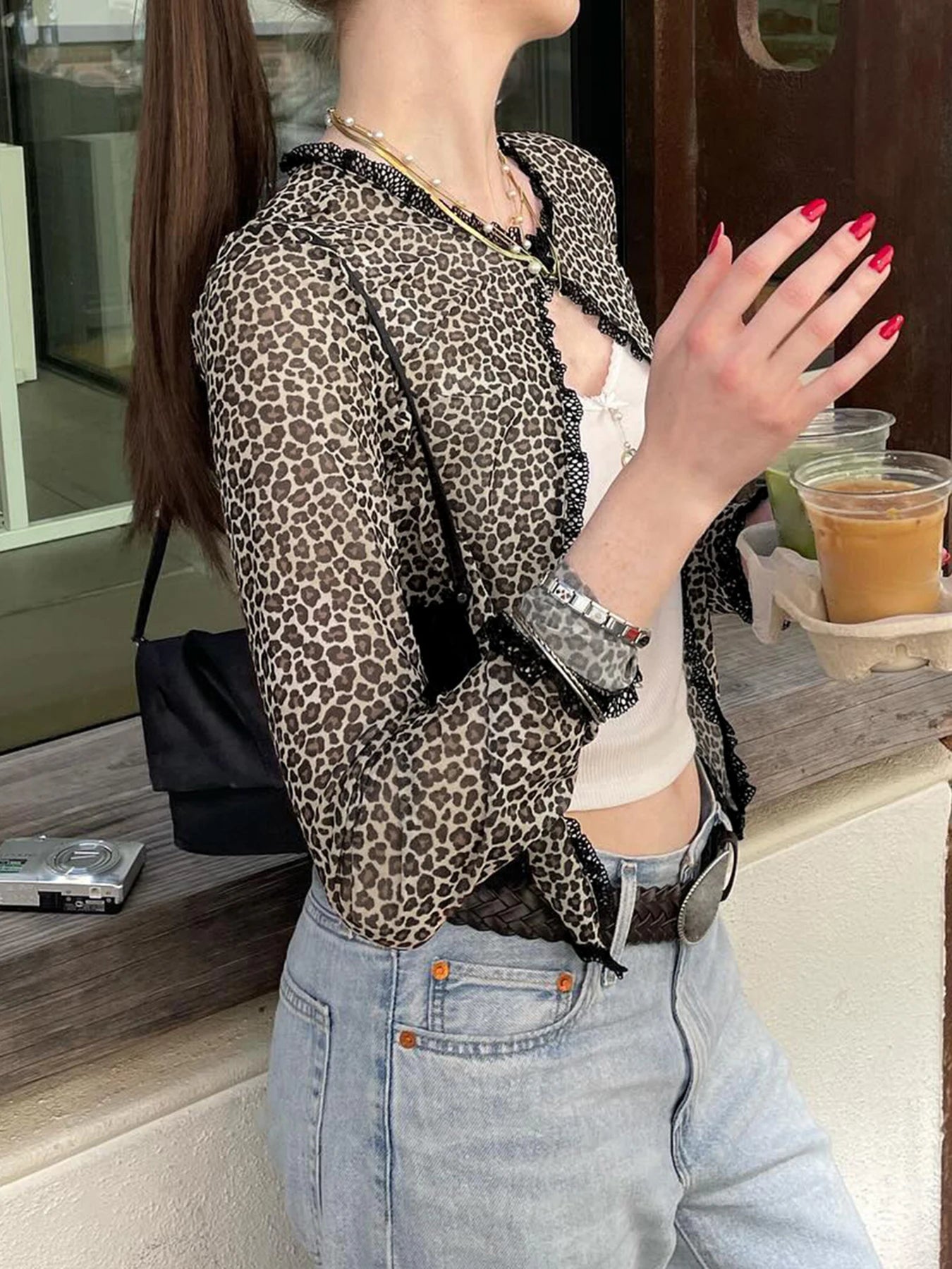 Cyflymder  See Through Leopard Printed Mesh T Shirt Cardigans Sexy Slim Lace Trim O-Neck Long Sleeve Split Tees Women 2025 Summer