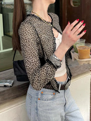 Cyflymder  See Through Leopard Printed Mesh T Shirt Cardigans Sexy Slim Lace Trim O-Neck Long Sleeve Split Tees Women 2025 Summer
