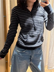 Cyflymder  Gray Striped Waffle Hooded T-shirt Women Five  Button CottonSlim Long Sleeve Tee Shirt Casual Preppy Style Vintage Tshirt Y2k
