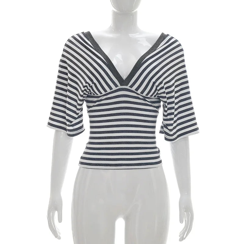 Cyflymder  Women Striped Deep V Top Backless Slim Sexy Y2K Color-Block Batwing Short-Sleeve T-Shirt Streetwear Casual Outfit