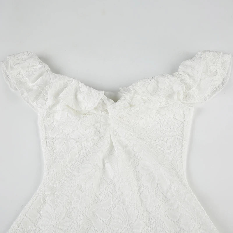 Cyflymder  Elegant Ladies Solid Lace Dress Summer Holiday Ruffles Off-shoulder A-line Mini Dresses for Women Vintage 2000s Clothing