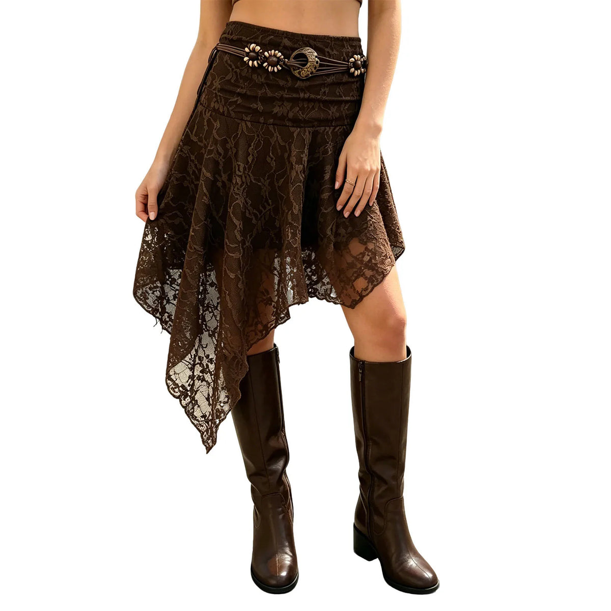 Cyflymder   Womens Asymmetrical Hem Skirt Boho Lace Low Rise Floral Midi Skirt with Belt for Casual Bohemian and Daily Wear