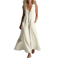 Cyflymder  Minimalist Solid Color Summer Dress Women V Neck Diagonal Button Down Sleeveless Tank Dress With Pocket Elegant Office Dresses