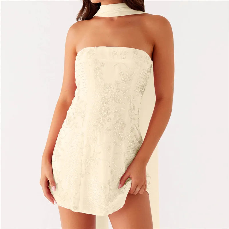 Cyflymder  Women Sequin Strapless Mini Dress with Scarf Y2K Rhinestone Sleeveless Off Shoulder Dress Sexy Backless Club Party Dress