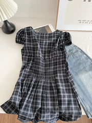 Cyflymder   Summer Vintage Plaid Print Peter Pan Collar Puff Sleeve Buttons A-LINE Short Woman Dress