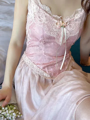 Cyflymder  Retro French Style Pink Dress For Slim Lady Summer Jacquard Lace Spaghttti Strap Sexy Long Dresses Party Night Robe Rose Vestido