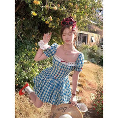 Cyflymder  Vintage Plaid Mini Dress Women Japanese Kawaii Bow Lace Dresses Summer Korean Square Collar Puff Short Sleeve Bodycon Vestidos