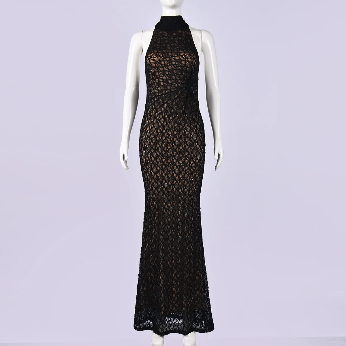 Cyflymder  Two-Layered Floral Lace Halter Bodycon Dress Women Elegant Black Tie-up Sleeveless Backless Slim Evening Party Club Dress