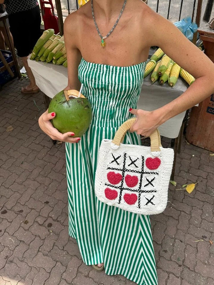 Cyflymder  Green Striped Stripless Summer Dress Women Casual Off Shoulder Backless Maxi Dress Beach Holiday Party Dress Women Outfits