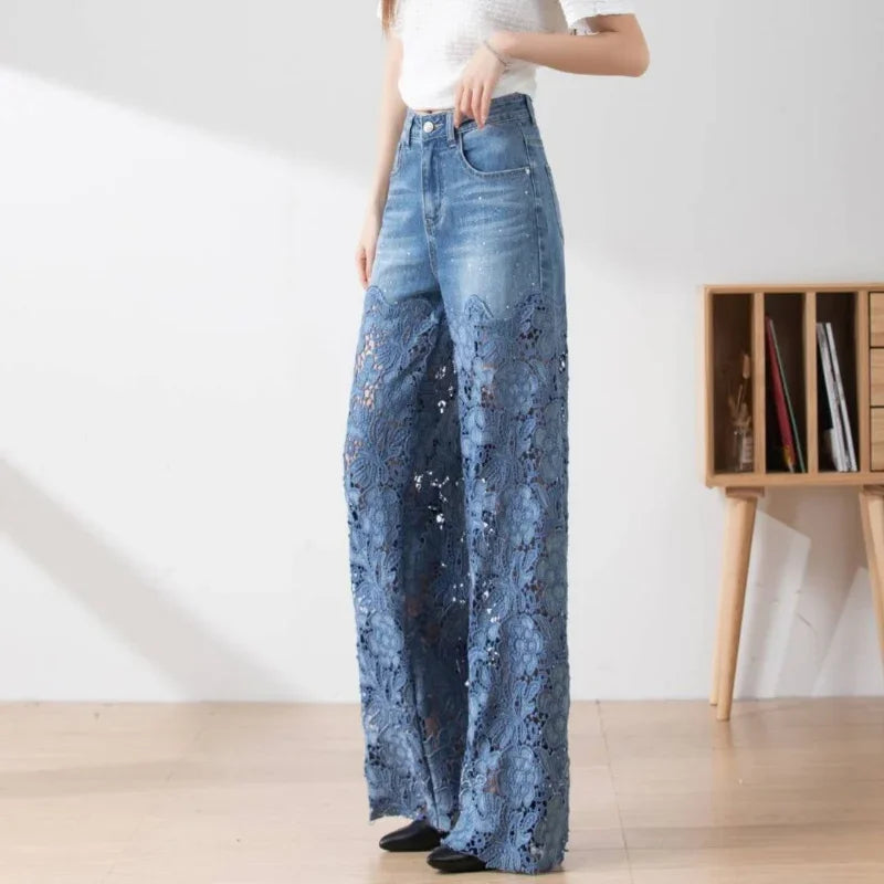 Cyflymder  Fashion Elegant Jeans for Women High Waist Lace Patchwork Pantalones Hollow Out Oversized Spring Casual Loose All Match Pants