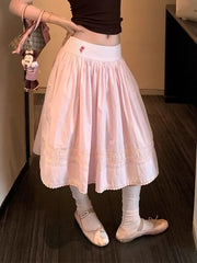 Cyflymder  Flower Embroidered Cotton Striped Skirt Women's New Summer Lace Patchwork Pleated Umbrella Skirt