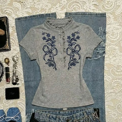 Cyflymder  Summer T-shirt Kawaii Print Y2k Vintage Punk Short Sleeve Slim 2000s Harajuku Elegant Crop Top O-Neck Woman Streetwear Emo Tees