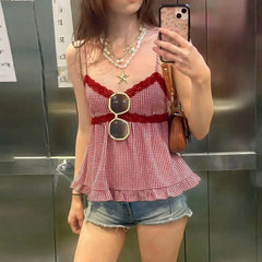 Cyflymder  Y2K Aesthetics Plaid Lace Patchwork V-neck Camisole Sweet Girl's Cute A-line Mini Tops Summer Fashion Spaghetti Straps