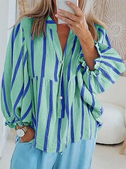 Cyflymder  Streetwear Fashion Striped Print Women Blouses 2025 Spring V Neck Button Top Pullover Autumn Puff Long Sleeve Loose Shirt Blusas