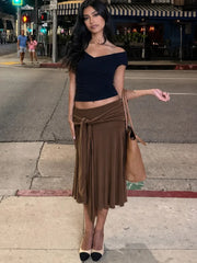 Cyflymder  Casual Pleated Women Midi Skirt Fashion Lace Up High Waist Slim Bodycon A-Line Skirts Steerwear Autumn Outfits Bottoms