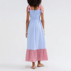 Cyflymder  Summer Midi Dress Women Fashion Plaid Tie-Up Shoulder Straps Sleeveless Dress Fashion Casual Swing Dress