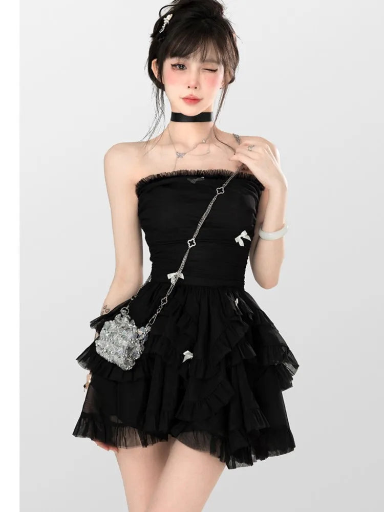Cyflymder  Summer French Vintage Sweet Dresses Female Kawaii Y2K Fashion Fariy Mini Dress Korean Party Ruffles Puff Sleeve Cake Dress