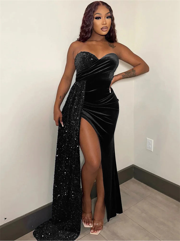 Cyflymder  Sexy Patchwork Dress Swing Wrap Breast Split Off Shoulder Maxi Vestidos Ruched Sleeveless Nightclub Party Women Dresses