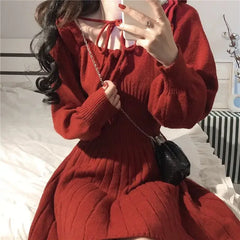 Cyflymder Sweet Knitted Dress Women Autumn Winter Elegant Dress Female Red French Style Party Dress Clothes Lady