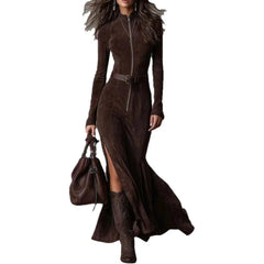 Cyflymder  Fashion Western Cowboy Long Dress with Pleated Wrap Design Solid Skinny Flowing Ruffled Hem Maxi Dress Chic Travel Clothes