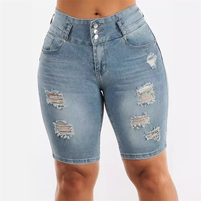 Cyflymder  Fashion Slim Sexy Hip Lift Denim Shorts Women Three Buttons Splice High Waist Three Quarter Pants Female Broken Holes Mini Jeans