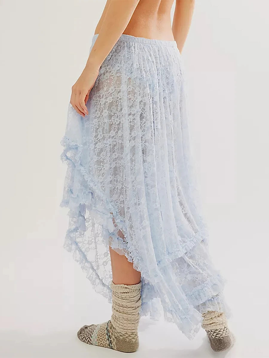 Cyflymder  Women's Solid Color Midi Skirts Lace Elastic High Waist Skirts Spring Summer Sweet Irregular Hem Casual Skirts