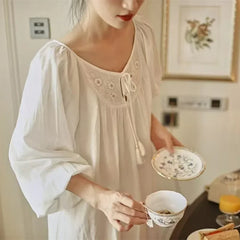 Cyflymder  Princess 100% Cotton Embroidery Nightgowns Spring Full Sleeves White Loose Nightdress Ankle-Length Vintage Long Nightie Gown New