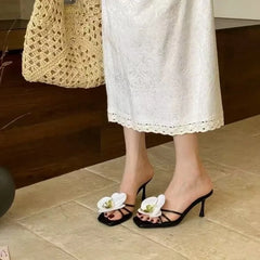 Cyflymder  Square Toe Temperament Flower Sandals and Slippers for Women in Summer Cross-strap Non-slip Skinny Heel Flip-flops