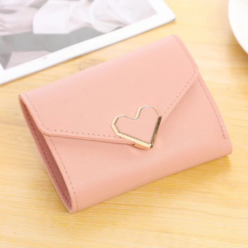 Cyflymder Fashion Heart Hasp Women Short Wallet Coin Pouch Solid Color Large Capacity Credit Card Holder Card Wallets Student Coin Purse