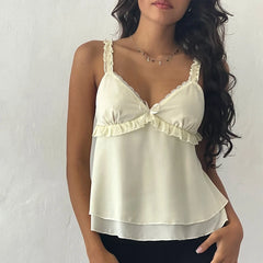 Cyflymder  Kawaii Frill Spaghetti Strap Chiffon Vest Bow Front Ruffled Camisole Women Crop Top Retro Y2K Fairy Backless Clothes
