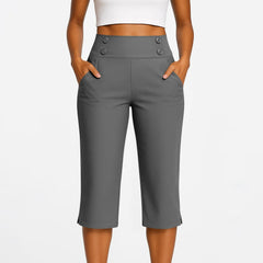 Cyflymder  Women's Thin Yoga Pants Fashion Solid Color Button Pocket Pants With Split Hems High Waist Sports Yoga Casual Capri Pants