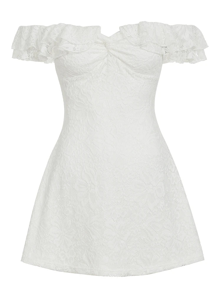 Cyflymder  Elegant Ladies Solid Lace Dress Summer Holiday Ruffles Off-shoulder A-line Mini Dresses for Women Vintage 2000s Clothing