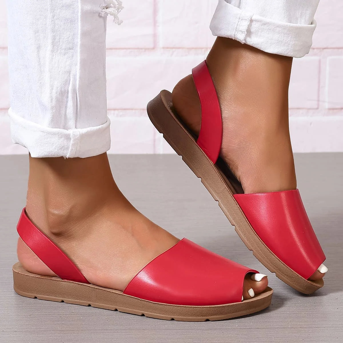 Cyflymder  Women's Peep Toes Back Strap Sandals Woman 2.5 cm Flat Shoes Summer Ladies Barefoot Slip on Sandal White Black 42 43