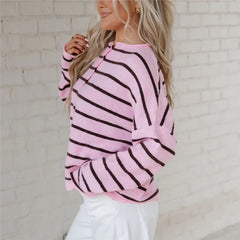 Cyflymder   Contrast Striped Loose Cardigan for Women Long Sleeve Button Down Knit Winter Casual Daily Minimalist Sweater Outerwear