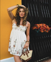 Cyflymder  Boho Beach Cotton Floral Embroidered Strap Mini Dress Women Casual Vacation Sexy Sleeveless Short Dresses Summer Robe vestidos