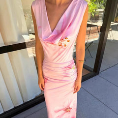 Cyflymder  Summer Elegant Sleeveless Slim Vacation Dress Fashion High Waist Pleated Dresses Temperament V-neck Floral Printed Evening Dress