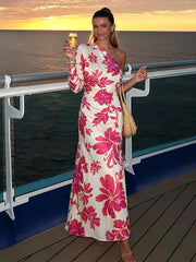 Cyflymder  Floral Print Satin One Shoulder Dress Waist Cinched Asymmetric  Summer Elegant Women Gown Causal Chic Lady Vestido