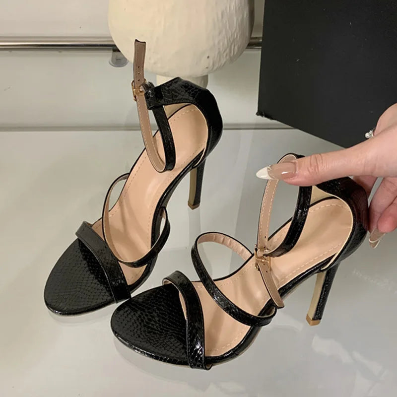 Cyflymder  Gold Snake Print Leather Ankle Strap Sandals Women Summer Fashion Open Toe Gladiator High Heels Party Dress Shoes Size 42