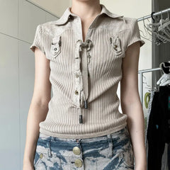 Cyflymder  Safari Style Vintage Turn Down Collar Short Sleev Women Shirts Y2k Cross Lace Up Design Harajuku Knitted Clothes Street Punk Top