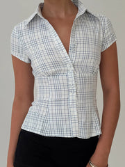 Y2K Plaid Blouse Women's Summer French Style Button-up Turn-down Collar Shirt Vintage Streetwear Chic Elegant Tops