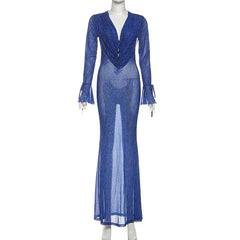 Cyflymder   Women Sexy Leopard Print See Through Mesh Bodycon Maxi Dress Swinging Collar Flare Full Sleeve Slim Clubwear Party Long Robe