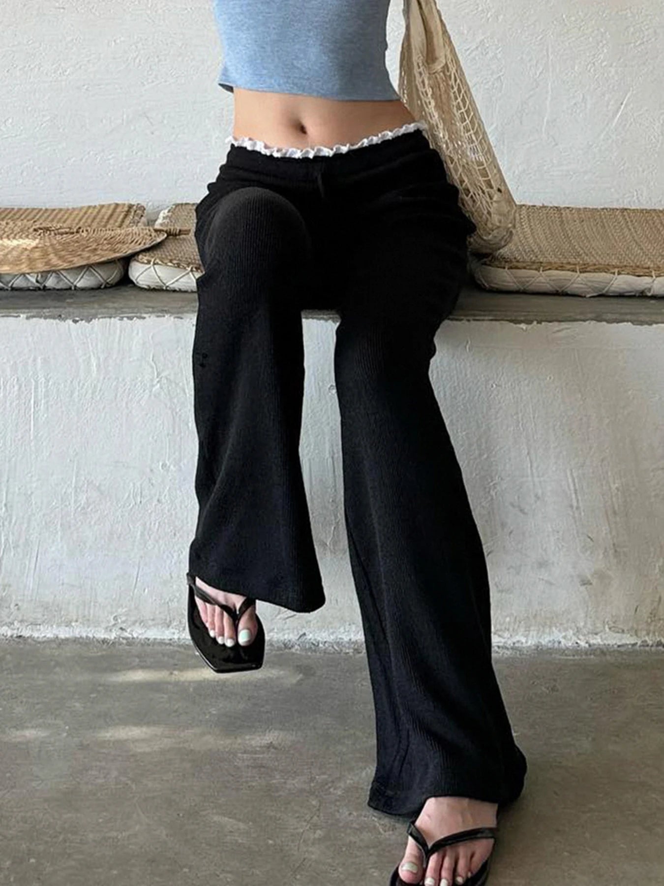 Cyflymder  Black Knit Flared Leggings Women Kawaii Ruched Patchwork Low Rise Skinny Casual Pants for Summer Streetwear y2k Trousers